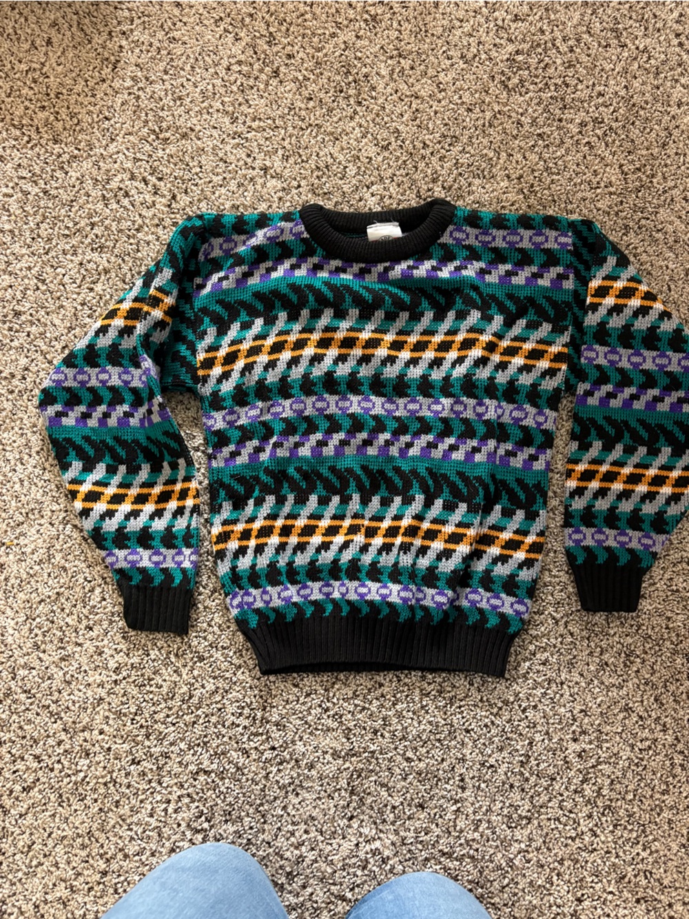 Vintage Kids Green Multicolor Patterned Knit Sweater